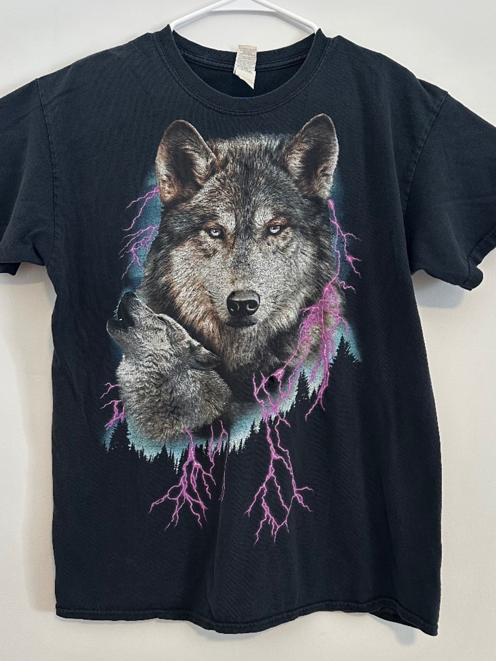 Men's Wolf & Lightning Animal Graphic Print T-Shirt Large Black Y2K Short Sleeve